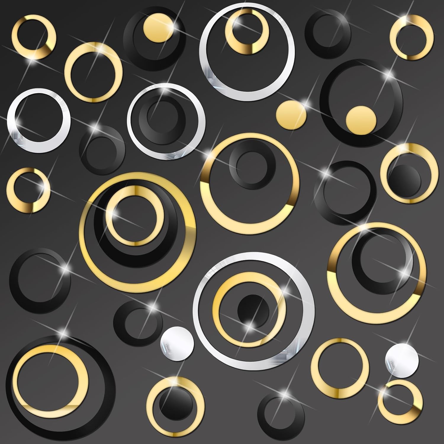Outus 72 Pcs Circle Mirror Wall Stickers Removable DIY, Black,Sliver,Gold